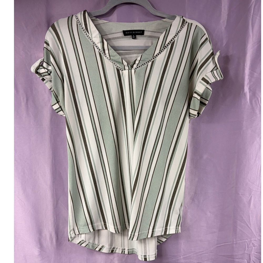 Fifty Street Sage Green Striped V-Neck Blouse Lace Trim Cuffed Sleeves S